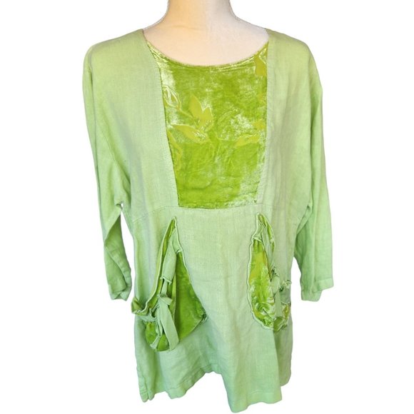 Dear Friends Boho Linen Top Vintage Women's Sz Medium Burnt Velvet Accents - Picture 3 of 14